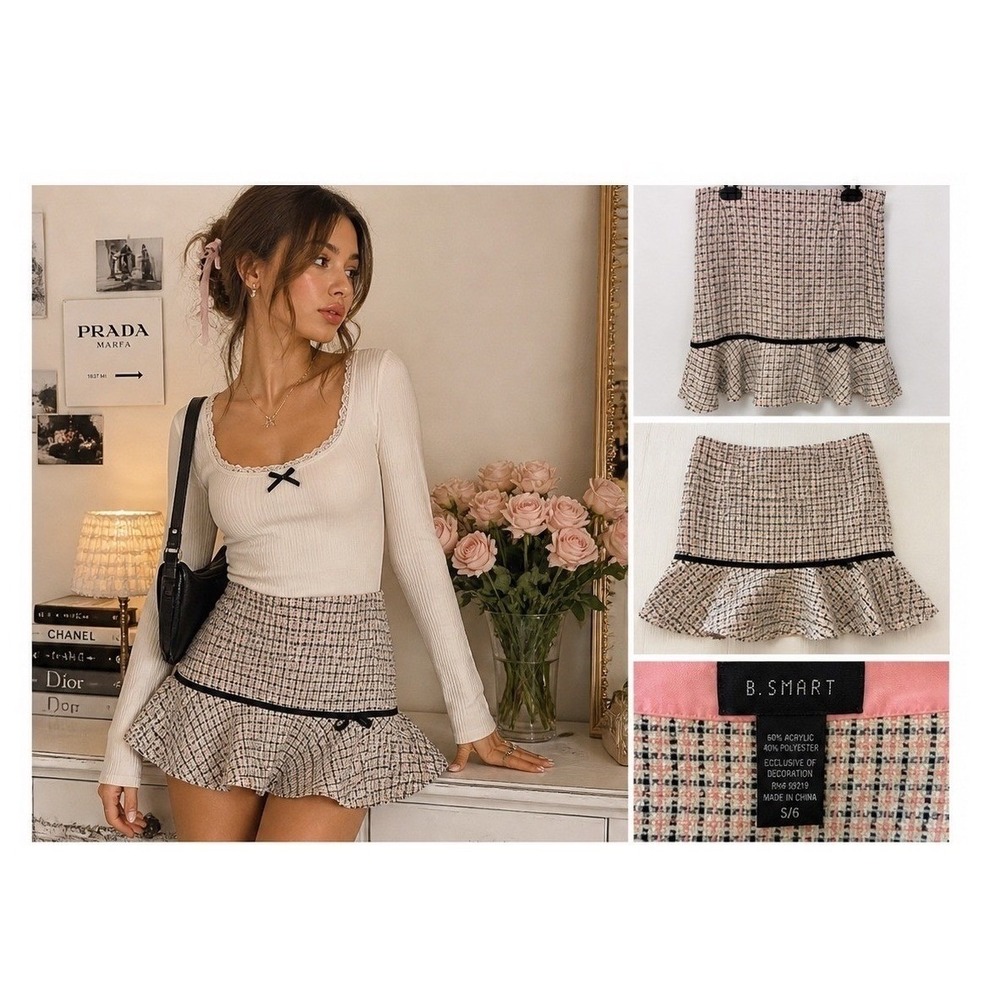 B. Smart Tweed Mini Skirt Pink Black Plaid Flounce Hem 5/6 Preppy Coquette Bow